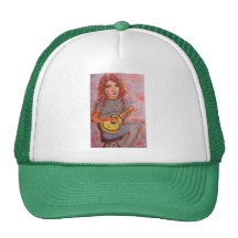 girl with red hair and ukulele mesh hat