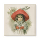 square_magnet - Sweet vintage girl is ready to play. Her arms are full of snowballs and she is wearing an elegant red hat with feathers. Pine branches accent the background.: Sizes 