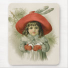 standard_mousepad - Sweet vintage girl is ready to play. Her arms are full of snowballs and she is wearing an elegant red hat with feathers. Pine branches accent the background.: Sizes 