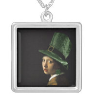 Girl With The Shamrock Earring - St Patrick's Day Square Pendant Necklace