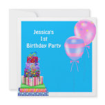 Girls1st Birthday Cake Balloons Presents Blue Custom Invitations