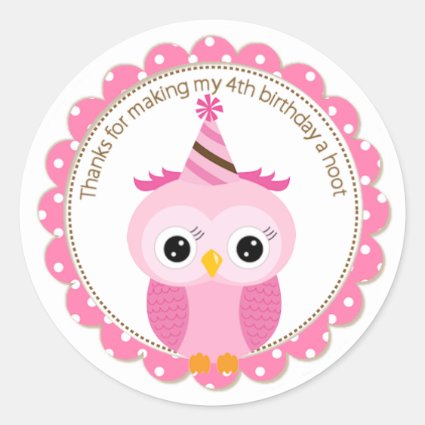 Girls 4th Birthday Pink Owl Thank You Round Sticker