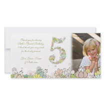 Girls 5th Birthday Neutral Blooms Thank You Photo Custom Photo Card
