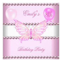 Girls 8th Birthday Butterfly Pink Pearls Balloons Invites