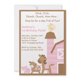 Girls Barn Animal Fun Birthday Party invitation