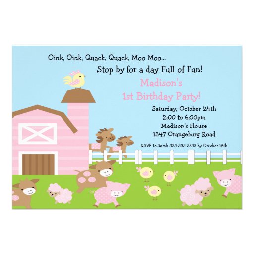 Girls Barn Animal Fun Birthday Party Personalized Announcement