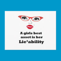 girls best asset is lieability postcards