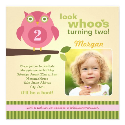 Girl's Birthday Party Photo Invitation | Owl Theme (front side)