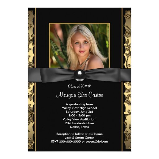 Girls Black and Gold Photo Graduation Announcements (front side)