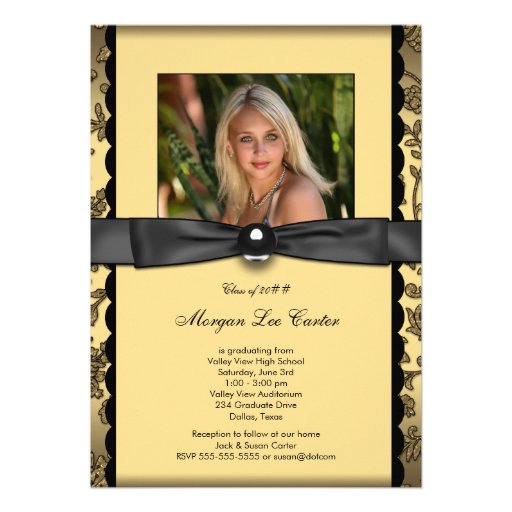 Girls Black and Gold Photo Graduation Personalized Invites (front side)