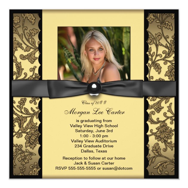 Girls Black and Gold Photo Graduation Invitation (front side)