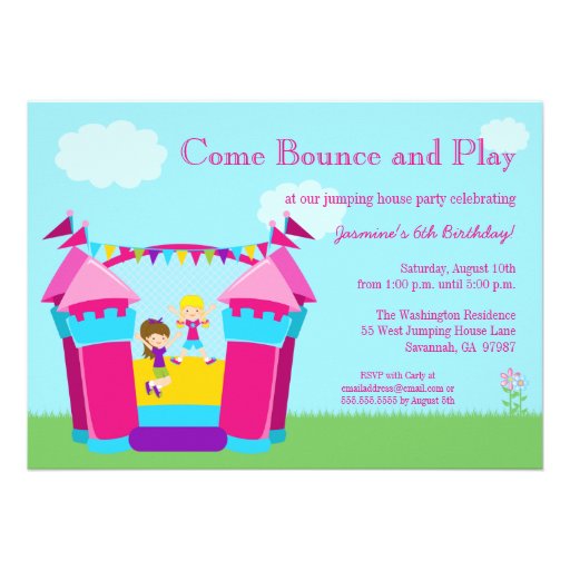 Girl's bounce house birthday party invitation (front side)
