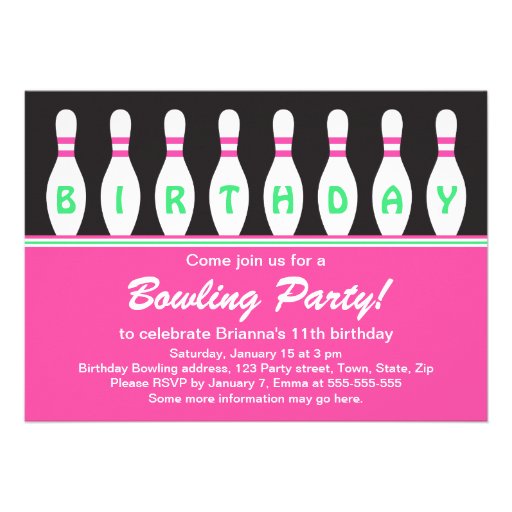 Girls bowling birthday party invitation with pins