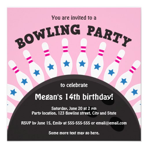 Girls bowling party invite with pins, pink version