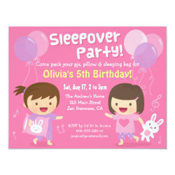 Girls Bunny Sleepover Slumber Birthday Party 4.25" X 5.5" Invitation Card