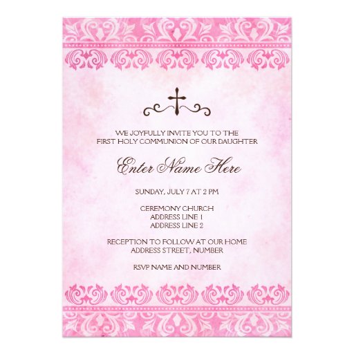 Girls first holy communion invitation vintage pink