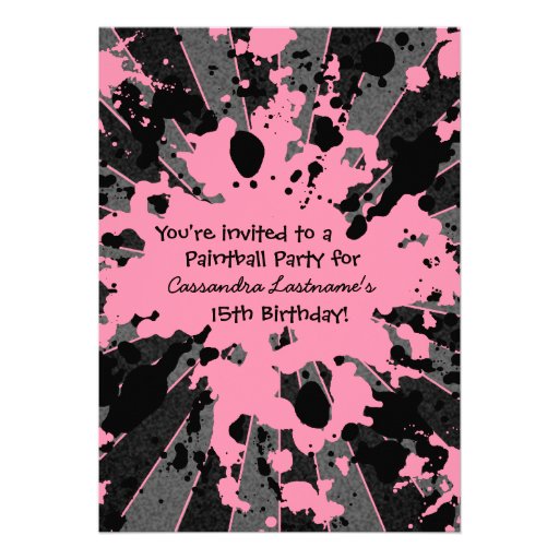 Girls funky pink paint splatter paintball birthday invitations