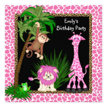Girls Jungle Safari Birthday Party Invitations