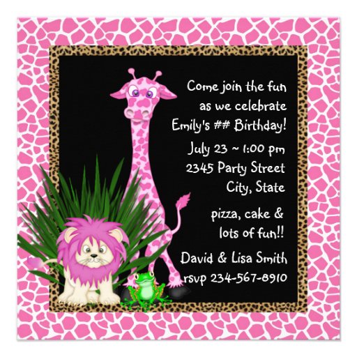 Girls Jungle Safari Birthday Party Invitations