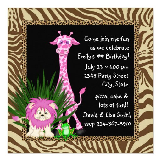 Girls Jungle Safari Birthday Party Invitations