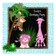 Girls Jungle Safari Birthday Party Invitations