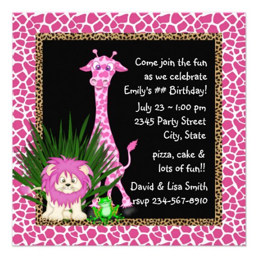 Girls Jungle Safari Birthday Party Invitations
