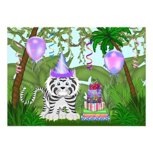 Girls Jungle White Tiger Birthday Party Invitation