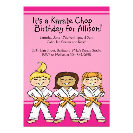 Girls Karate Themed Birthday Party Invitations