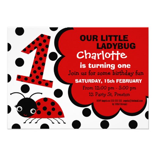 Girls Ladybug 1st Birthday Party Invitation