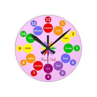 the numbers 1 to 12 around the edge of a wall clock with names of the numbers beside them in colored circles to help children learn the time; a pink version for girls