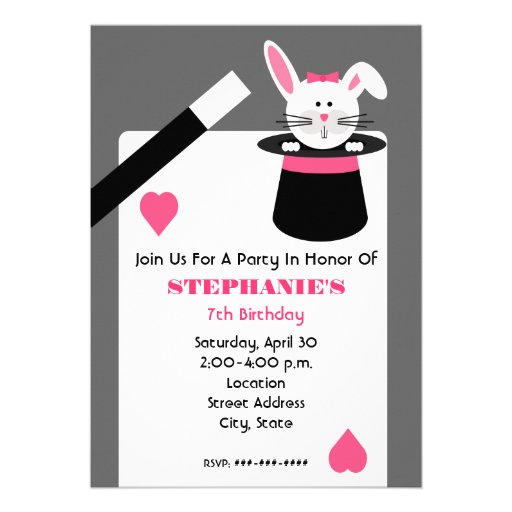 Girl's Magician Birthday Party - Rabbit In A Hat Personalized Invite