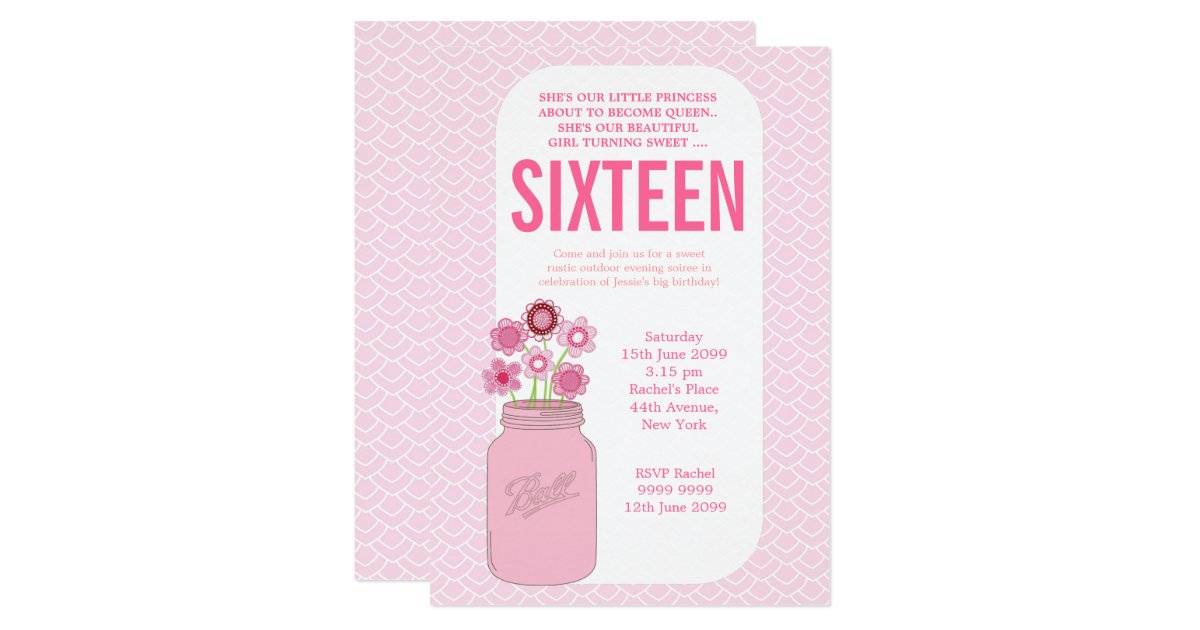 Girls Mason Jar Sweet 16 Birthday Party Invite Zazzle