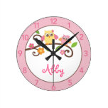 Girls Mod Owl Personalized Nursery Wall Clock
