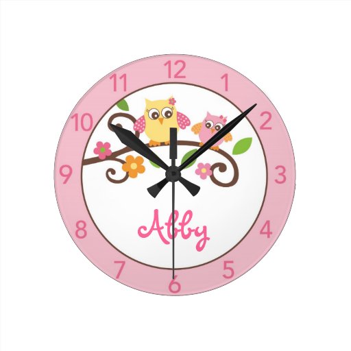 Girls Mod Owl Personalized Nursery Wall Clock Zazzle
