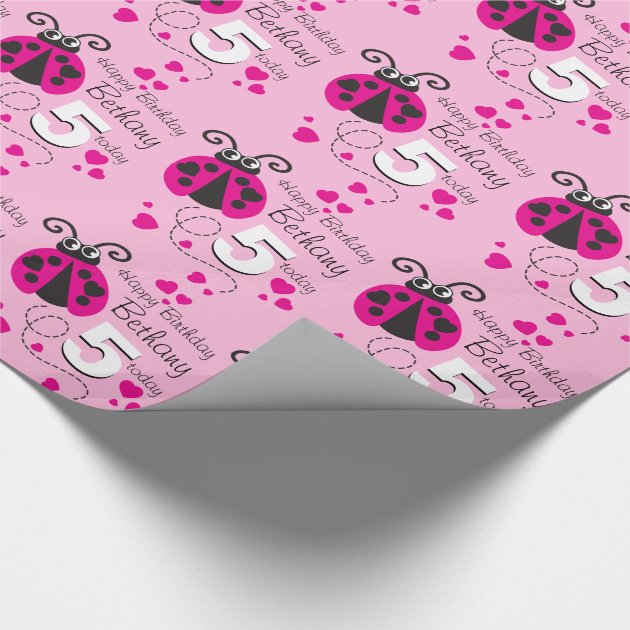 Girls name age ladybug birthday patterned wrap wrapping paper 4/4