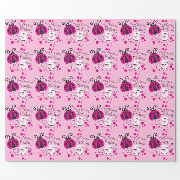 Girls name age ladybug birthday patterned wrap wrapping paper