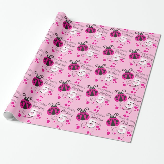 Girls name age ladybug birthday patterned wrap wrapping paper 1/4