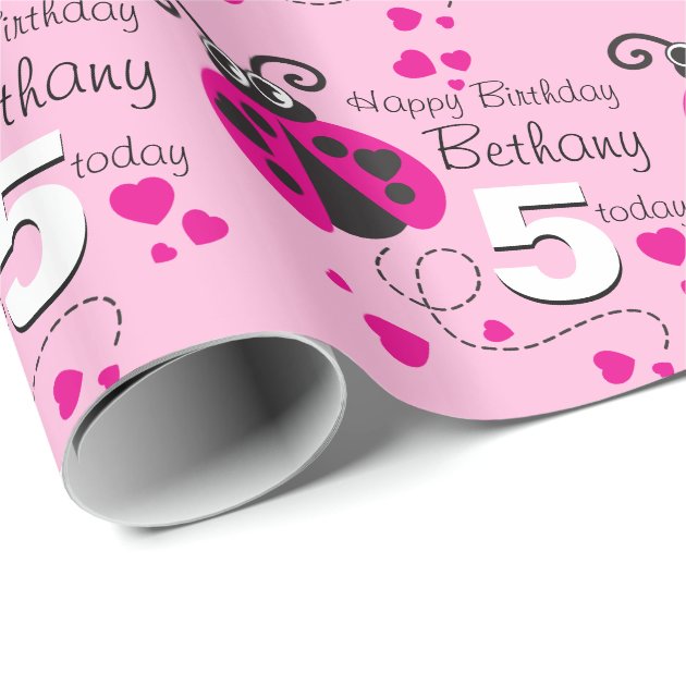 Girls name age ladybug birthday patterned wrap wrapping paper 3/4