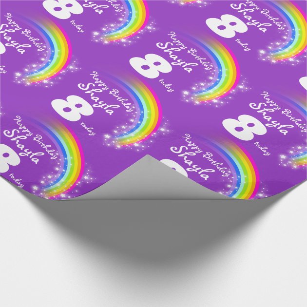 Girls name age rainbow birthday patterned wrap wrapping paper 4/4