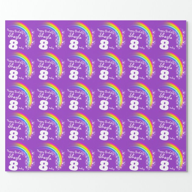 Girls name age rainbow birthday patterned wrap wrapping paper