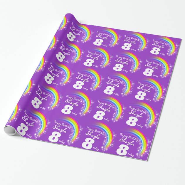 Girls name age rainbow birthday patterned wrap wrapping paper 1/4
