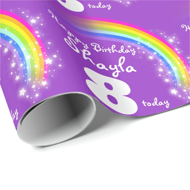 Girls name age rainbow birthday patterned wrap wrapping paper 3/4