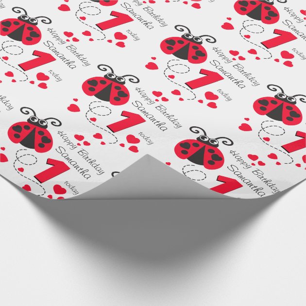 Girls named first birthday ladybug patterned wrap wrapping paper 4/4