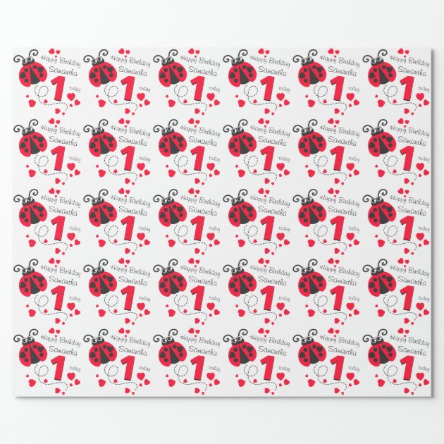 Girls named first birthday ladybug patterned wrap wrapping paper 2/4