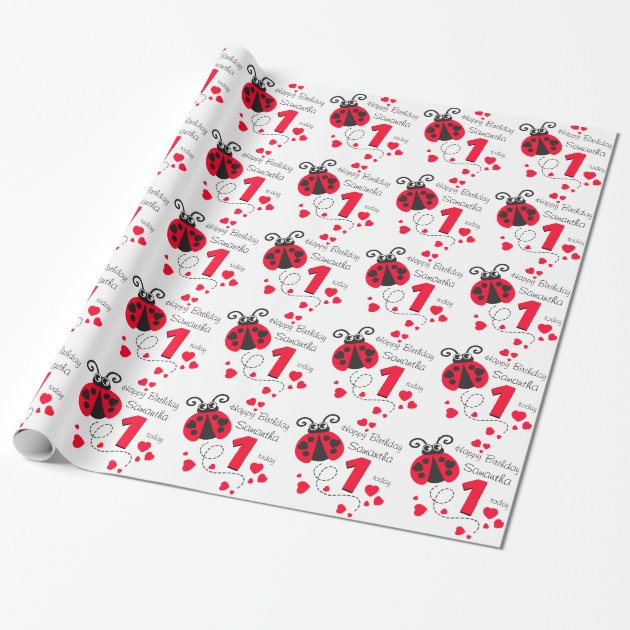 Girls named first birthday ladybug patterned wrap wrapping paper 1/4