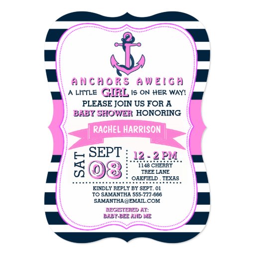 Girl's Nautical Anchor Baby Shower Invitations (front side)