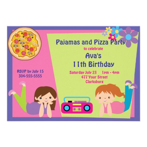 Girls Pajama & Pizza Party Custom Announcement (front side)