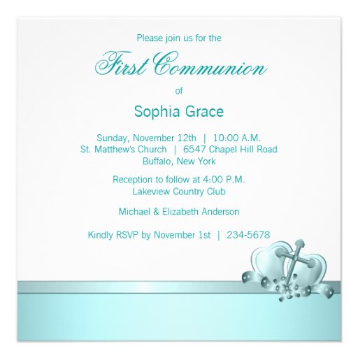 Girls Photo Teal Blue First Communion Invitations