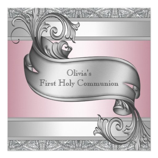 Girls Pink and Gray First Communion Custom Invites