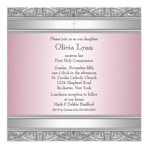 Girls Pink and Gray First Communion Custom Invites